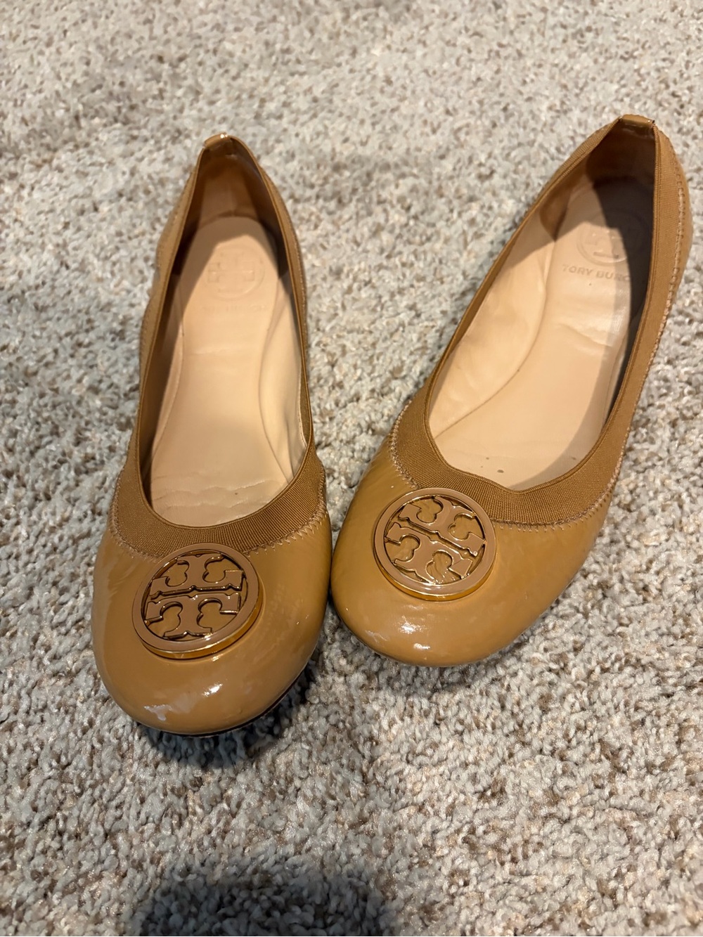 Tory Burch Cognac Patent Reva Logo Ballet Flats